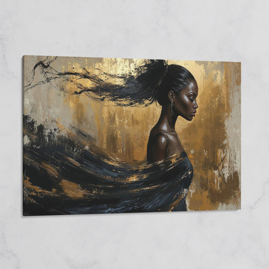 Sophisticated Woman Portrait Canvas Print in Ebony & Gold on gallery wrap