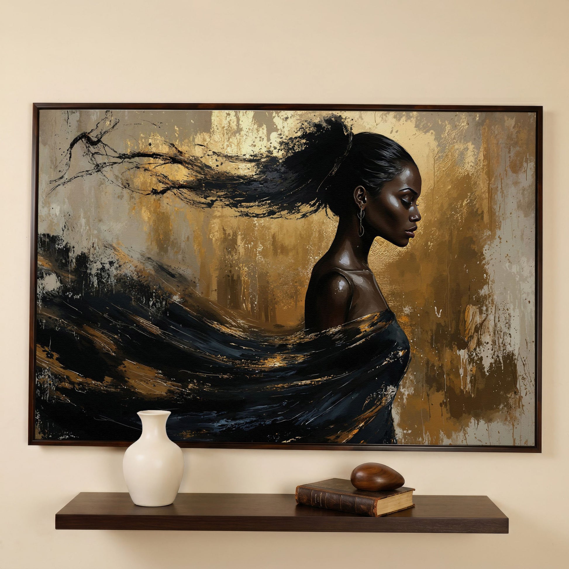 Sophisticated Woman Portrait Canvas Print in Ebony & Gold in dark walnut floating frame