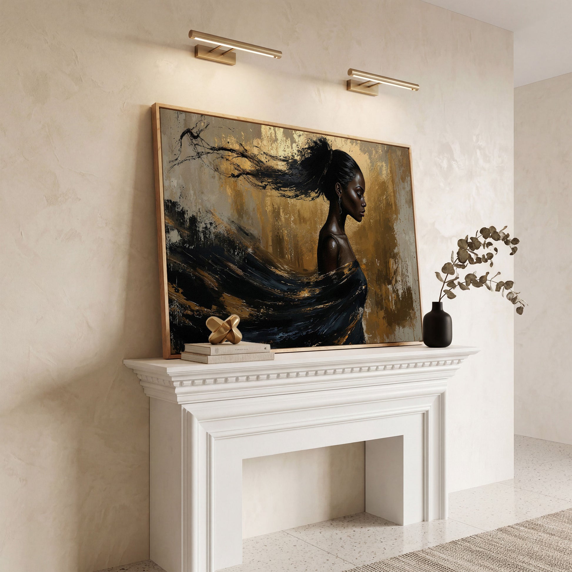 Sophisticated Woman Portrait Canvas Print in Ebony & Gold in white oak floating frame
