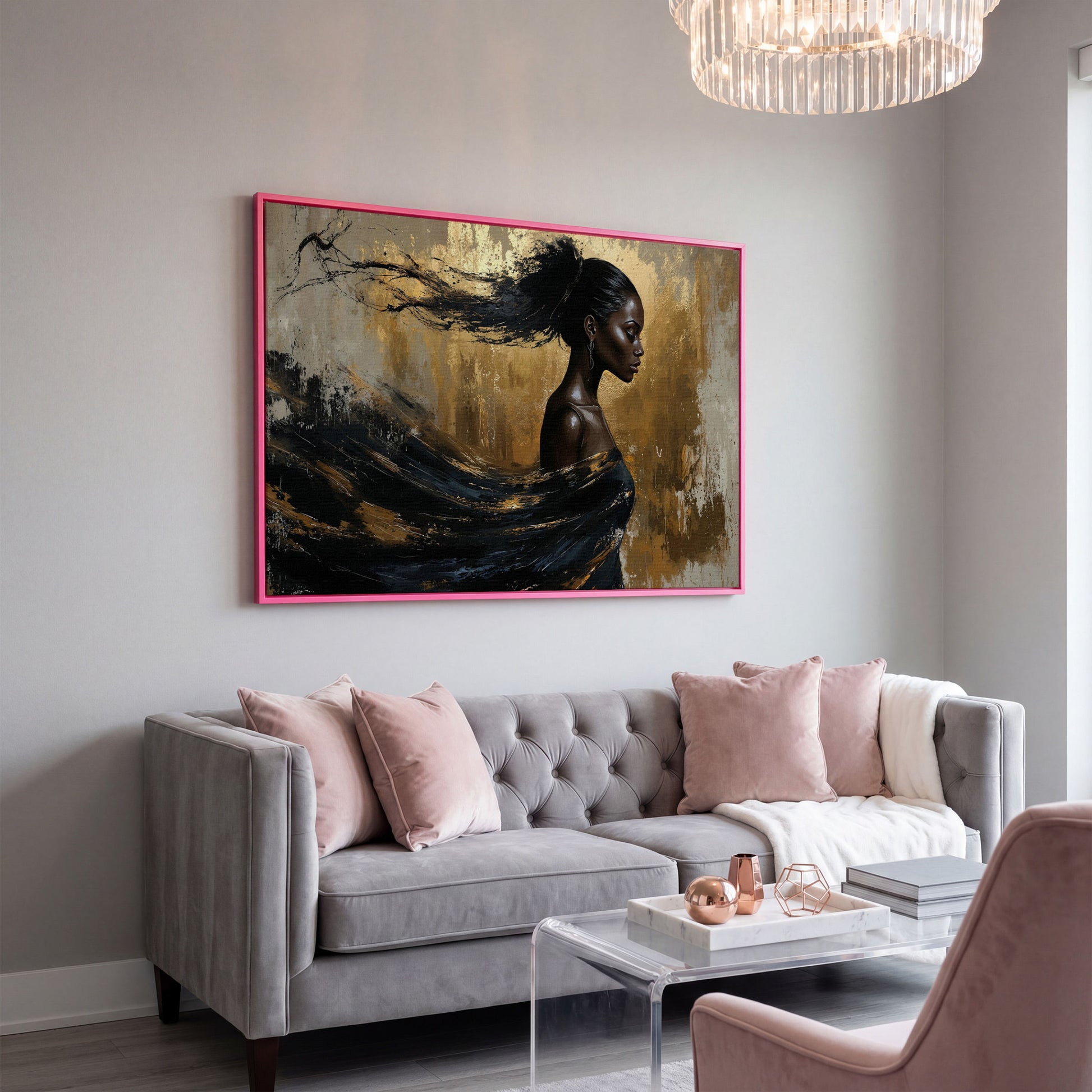Sophisticated Woman Portrait Canvas Print in Ebony & Gold in pink floating frame