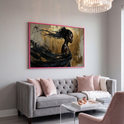 Sophisticated Woman Portrait Canvas Print in Ebony & Gold in pink floating frame