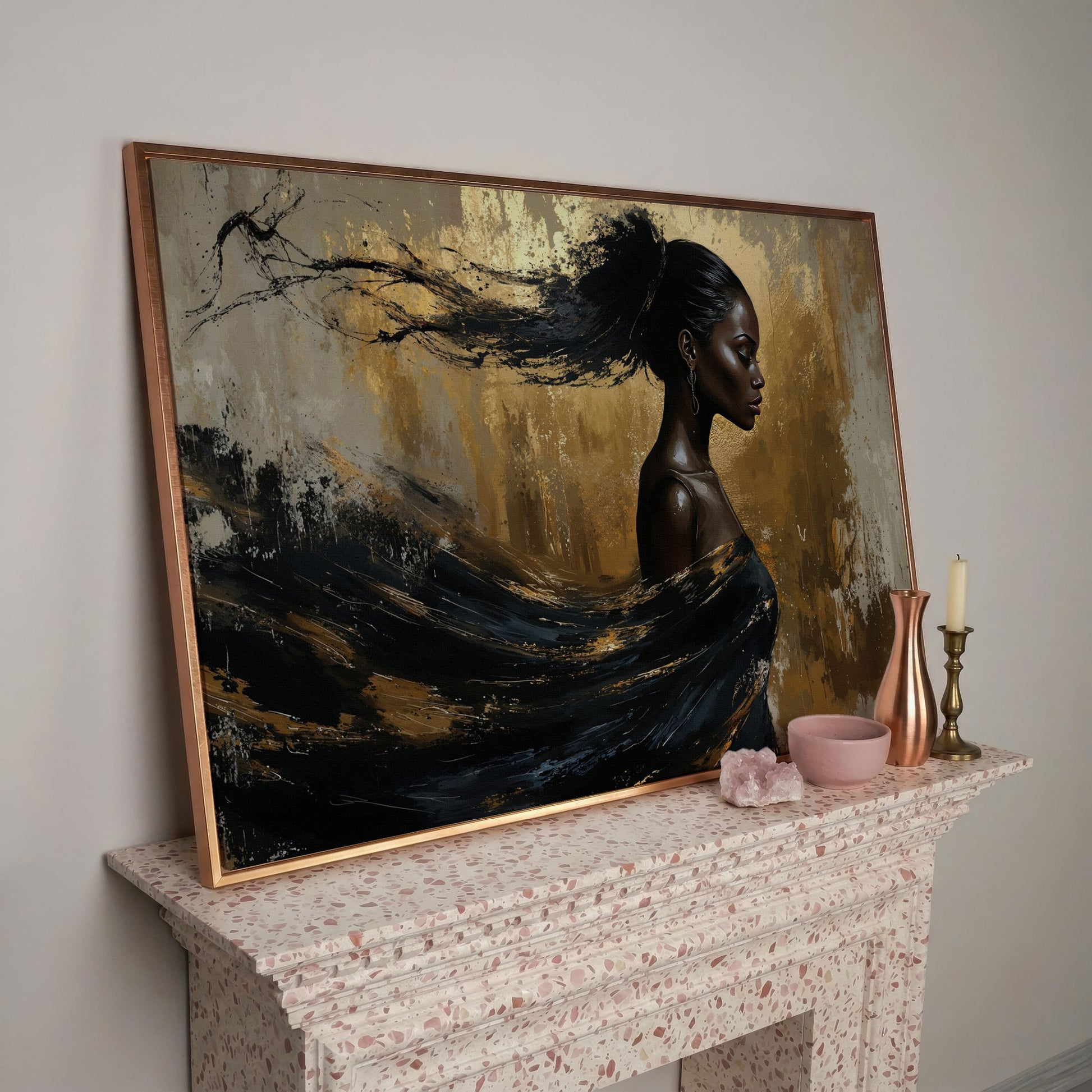 Sophisticated Woman Portrait Canvas Print in Ebony & Gold in rose gold floating frame