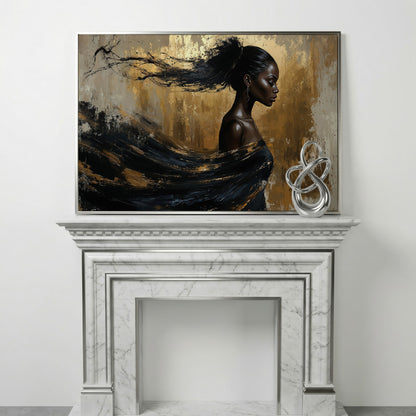Sophisticated Woman Portrait Canvas Print in Ebony & Gold in silver floating frame