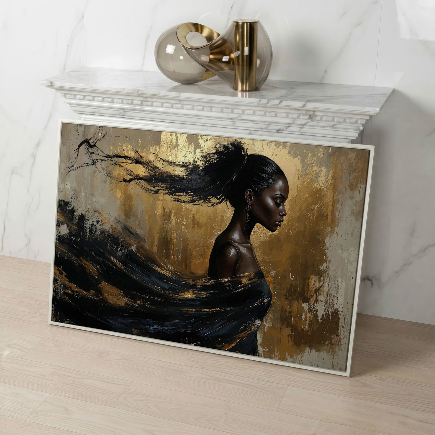 Sophisticated Woman Portrait Canvas Print in Ebony & Gold in white floating frame