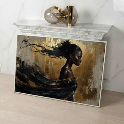 Sophisticated Woman Portrait Canvas Print in Ebony & Gold in white floating frame
