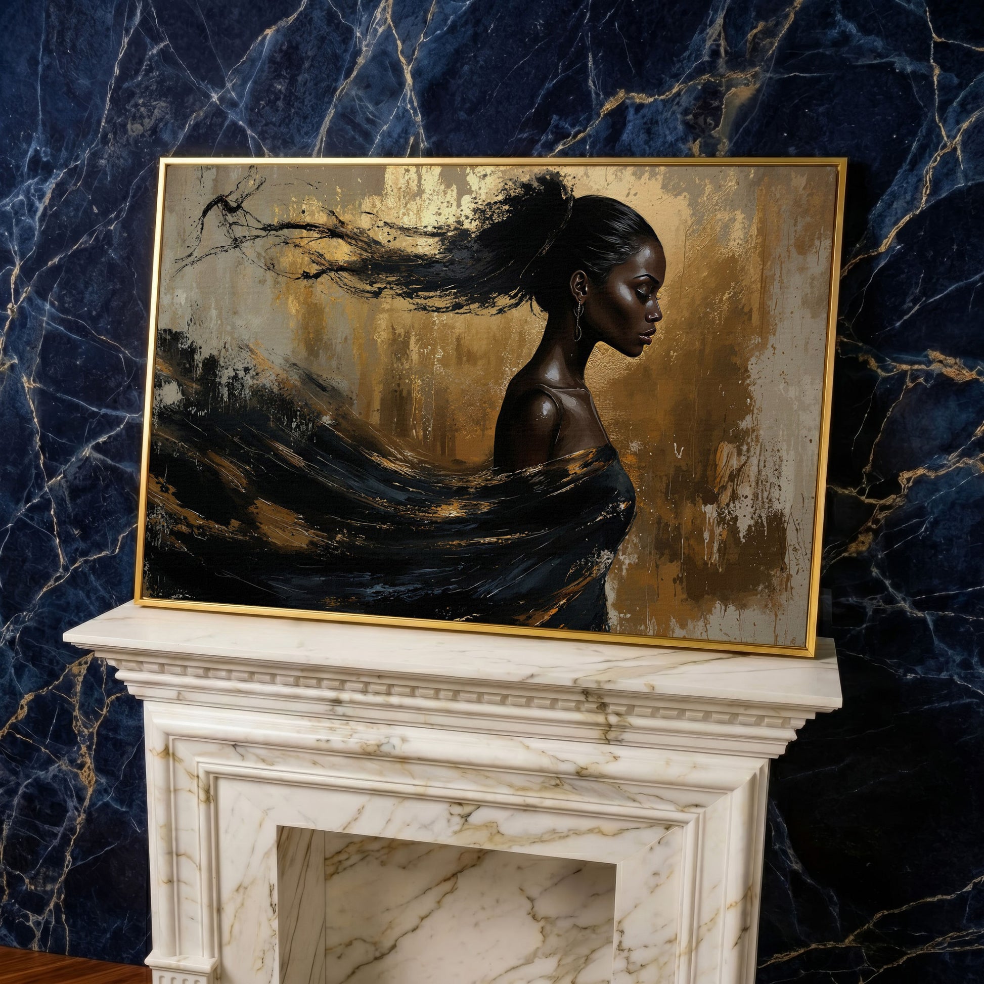 Sophisticated Woman Portrait Canvas Print in Ebony & Gold in yellow gold floating frame