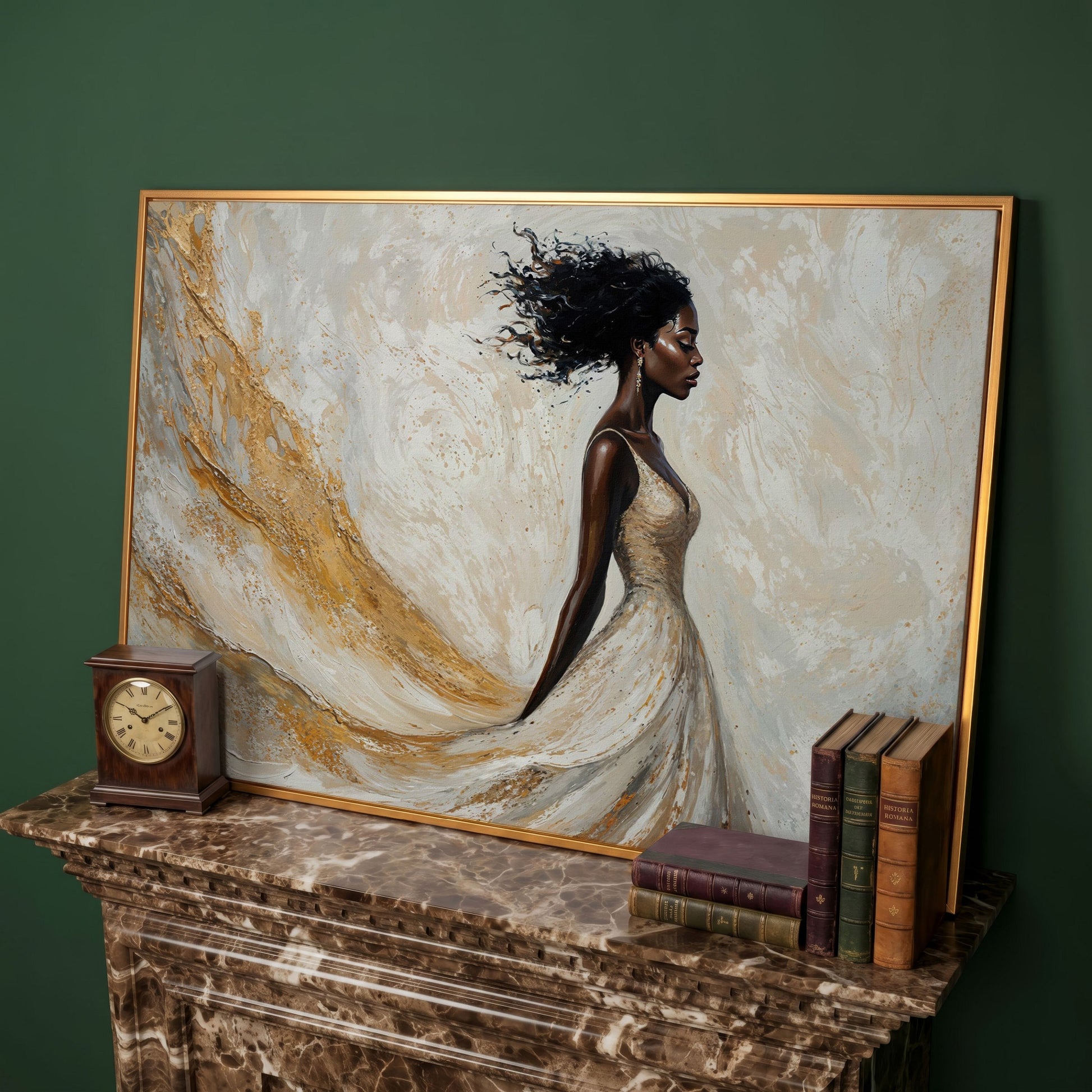 Woman in Gold and White Dress Canvas Print in antique gold floating frame