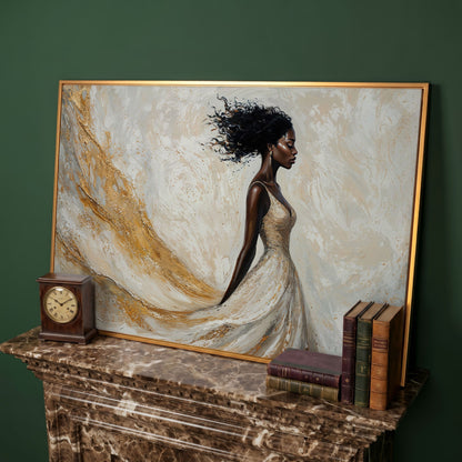 Woman in Gold and White Dress Canvas Print in antique gold floating frame