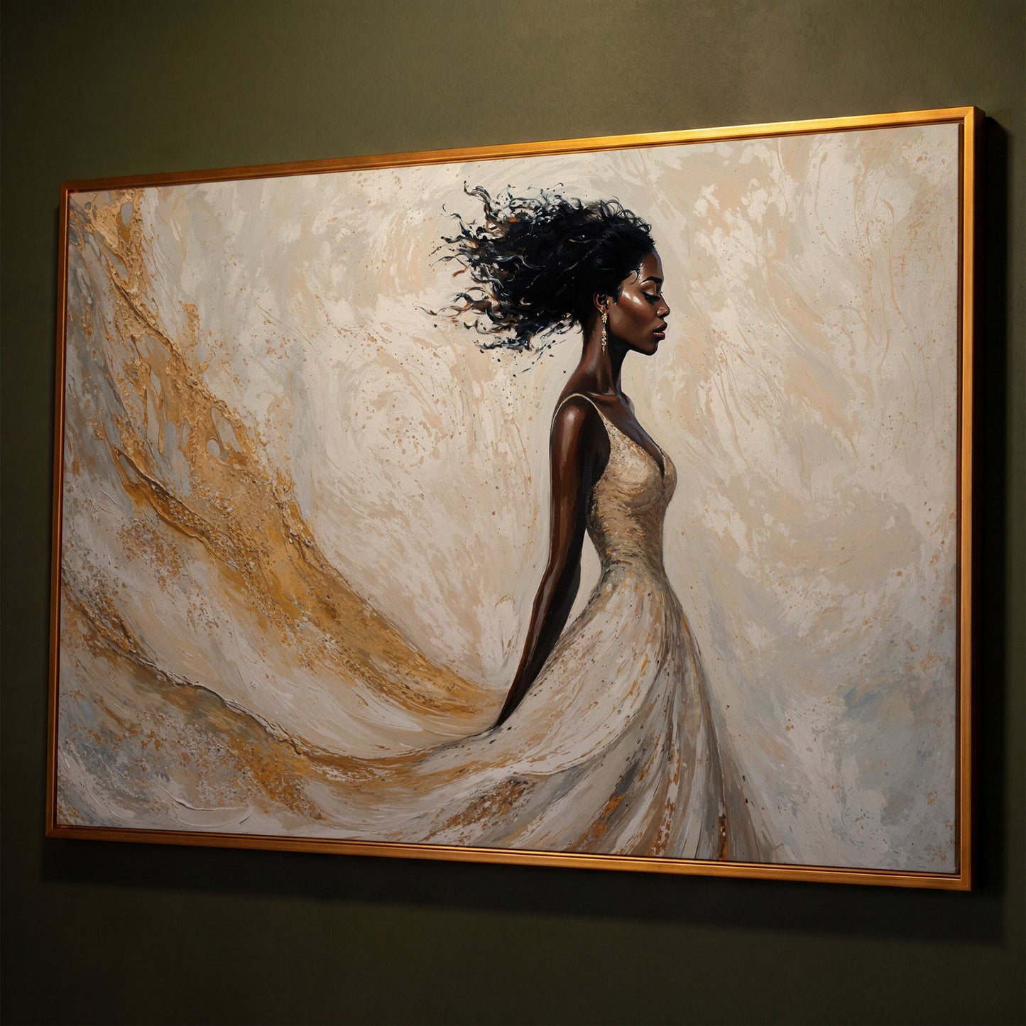 Woman in Gold and White Dress Canvas Print shown in antique gold floating frame
