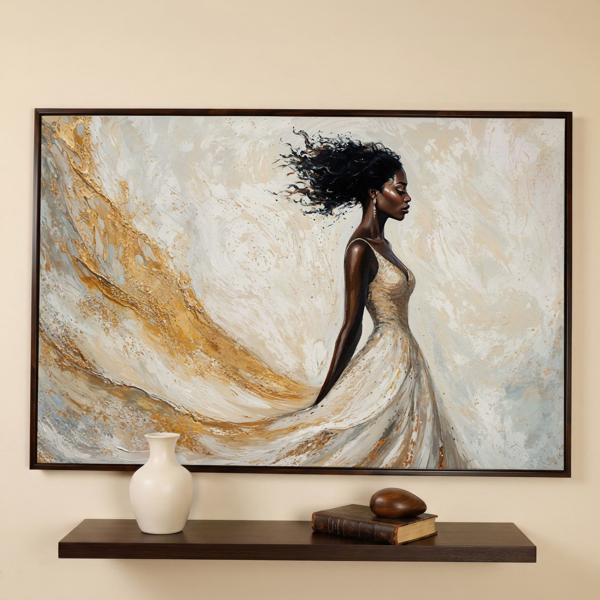 Woman in Gold and White Dress Canvas Print in dark walnut floating frame