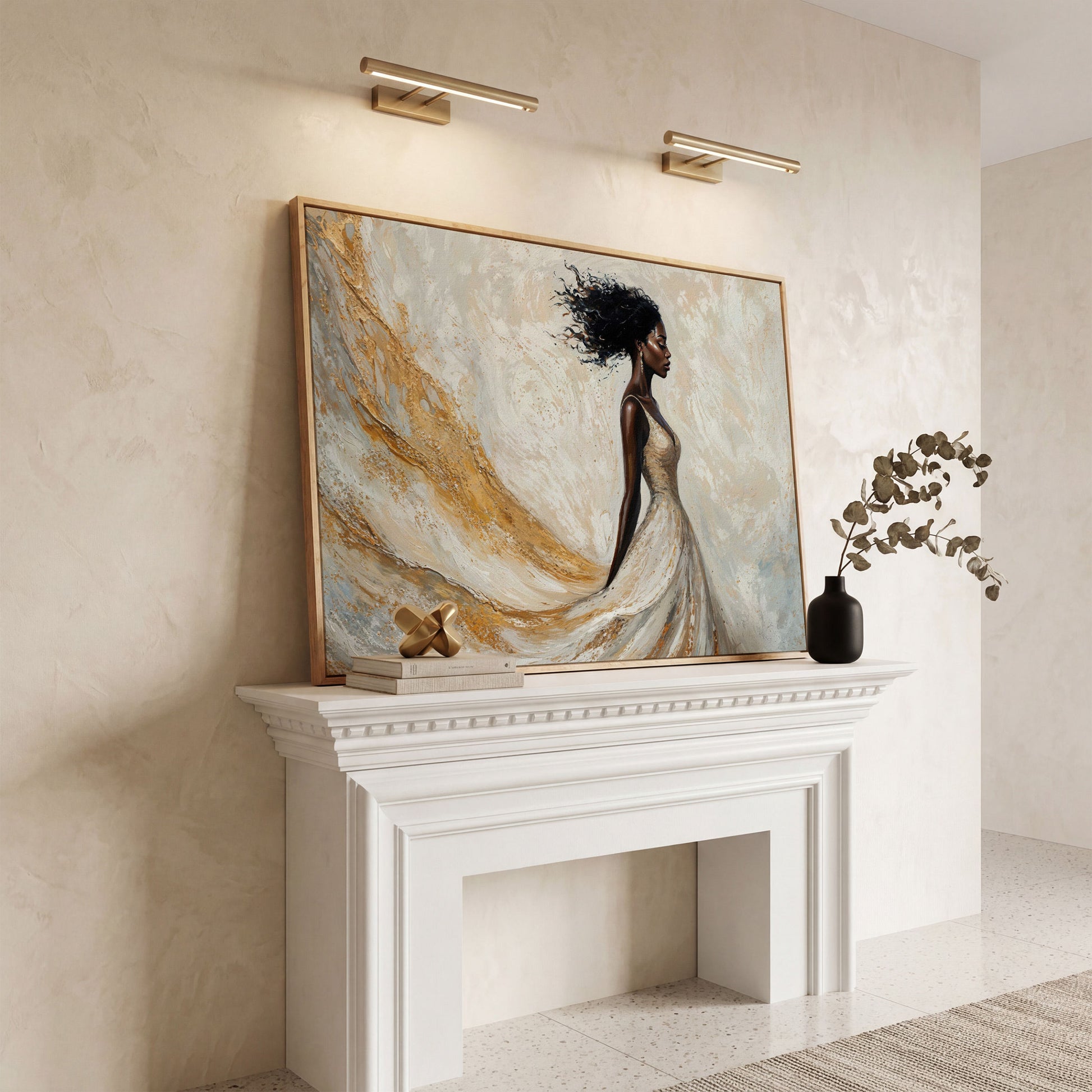 Woman in Gold and White Dress Canvas Print in white oak floating frame