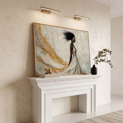 Woman in Gold and White Dress Canvas Print in white oak floating frame
