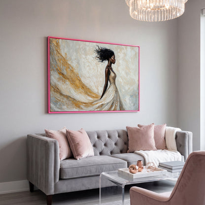 Woman in Gold and White Dress Canvas Print in pink floating frame