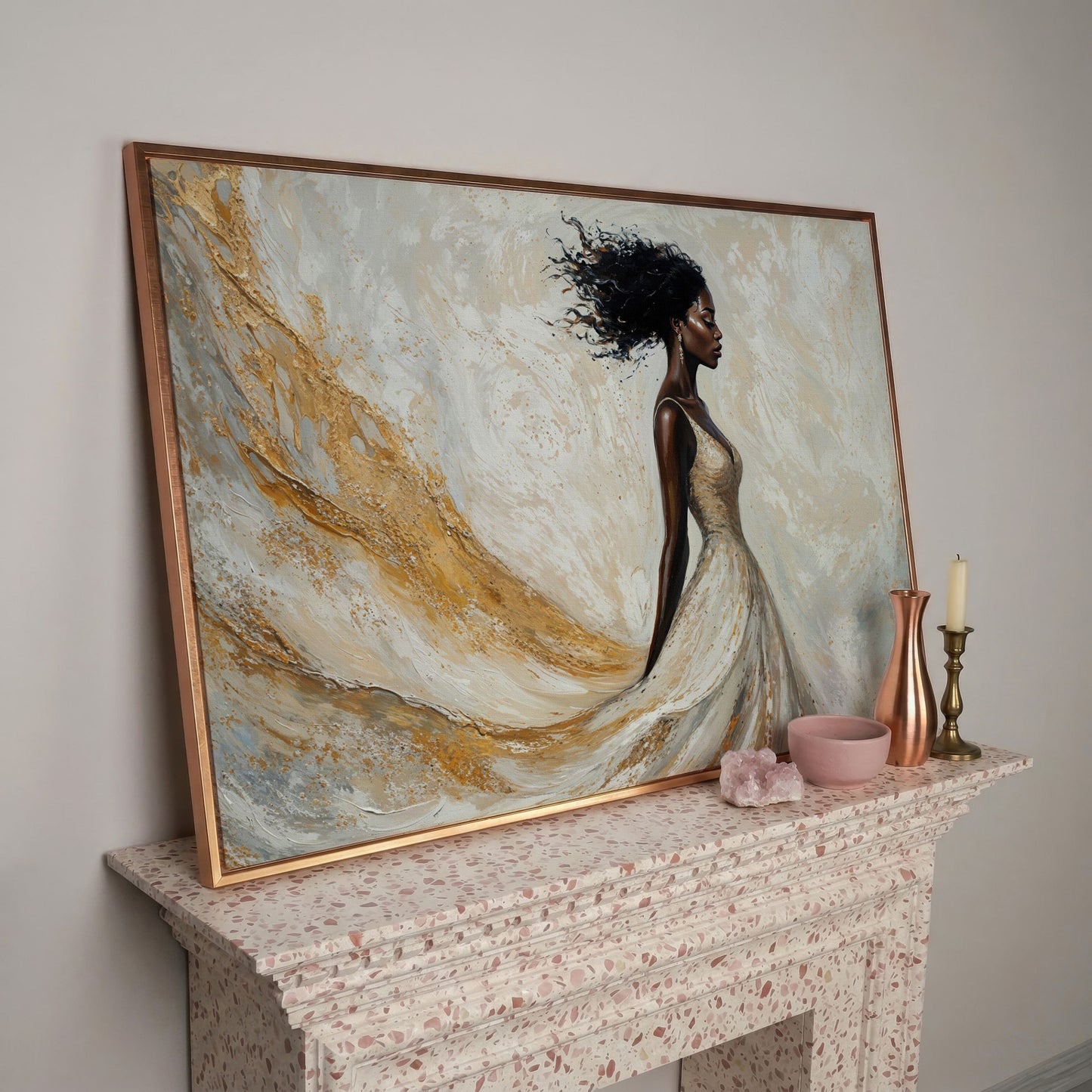Woman in Gold and White Dress Canvas Print in rose gold floating frame