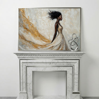 Woman in Gold and White Dress Canvas Print in silver floating frame