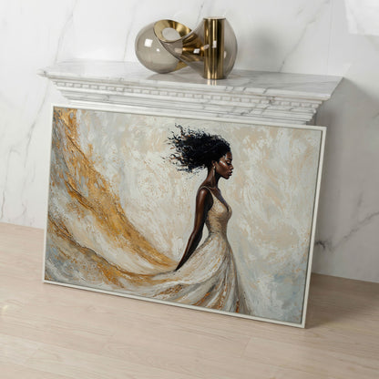 Woman in Gold and White Dress Canvas Print in white floating frame