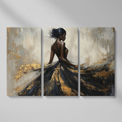 Woman in Flowing Dress Canvas Print, Back View in Black & Gold as 3-panel split version