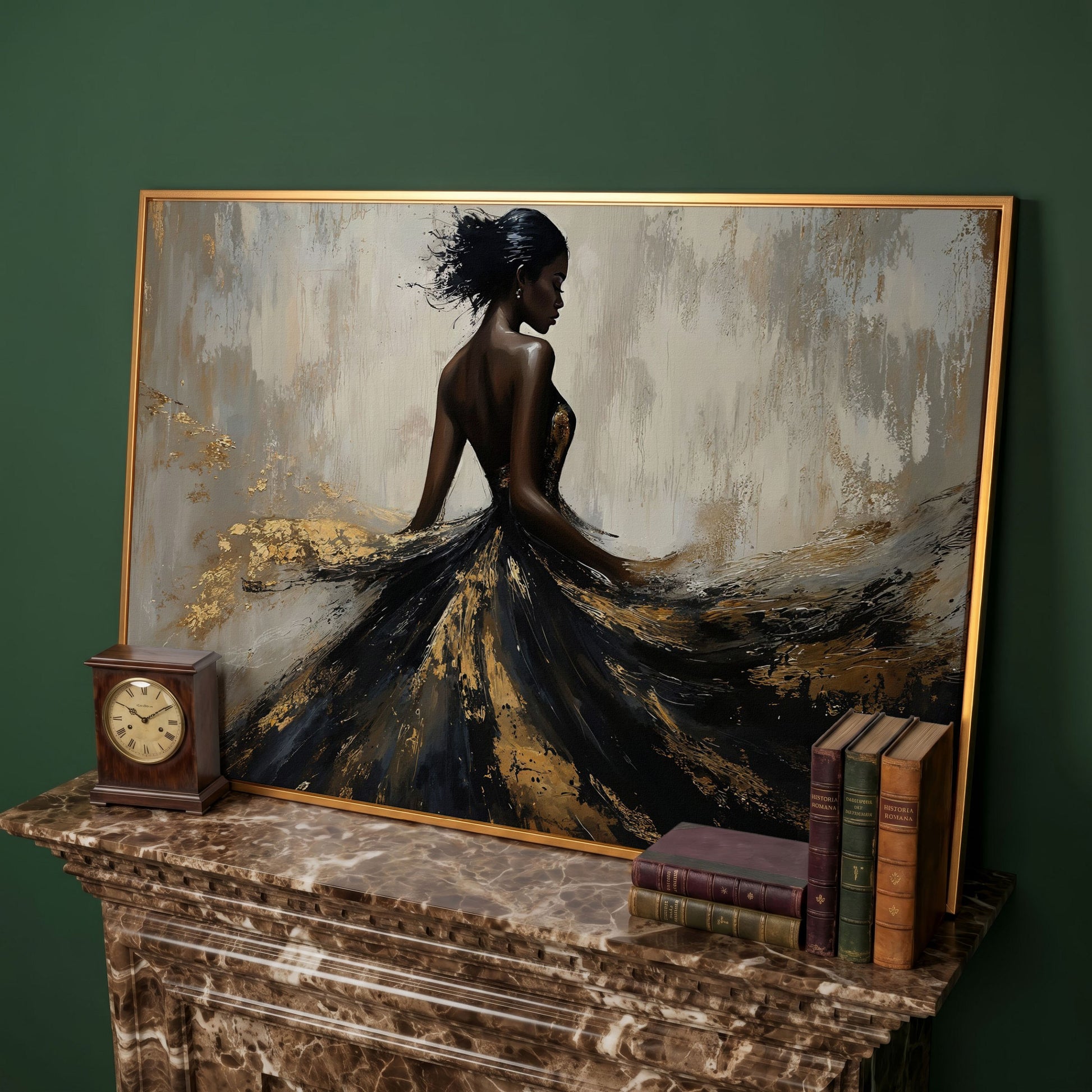 Woman in Flowing Dress Canvas Print, Back View in Black & Gold in antique gold floating frame
