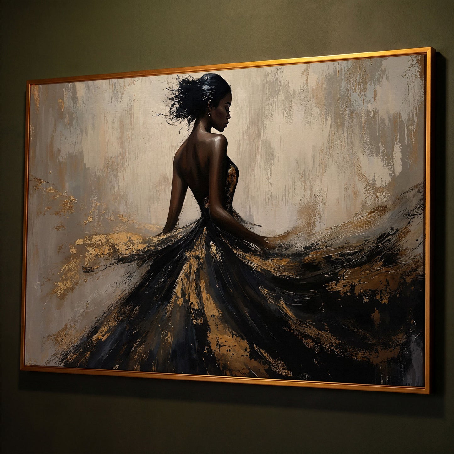 Woman in Flowing Dress Canvas Print, Back View in Black & Gold shown in antique gold floating frame