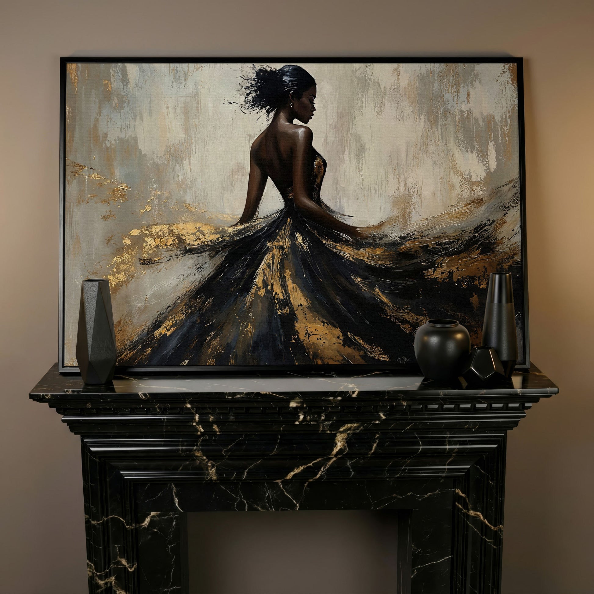Woman in Flowing Dress Canvas Print, Back View in Black & Gold in black floating frame