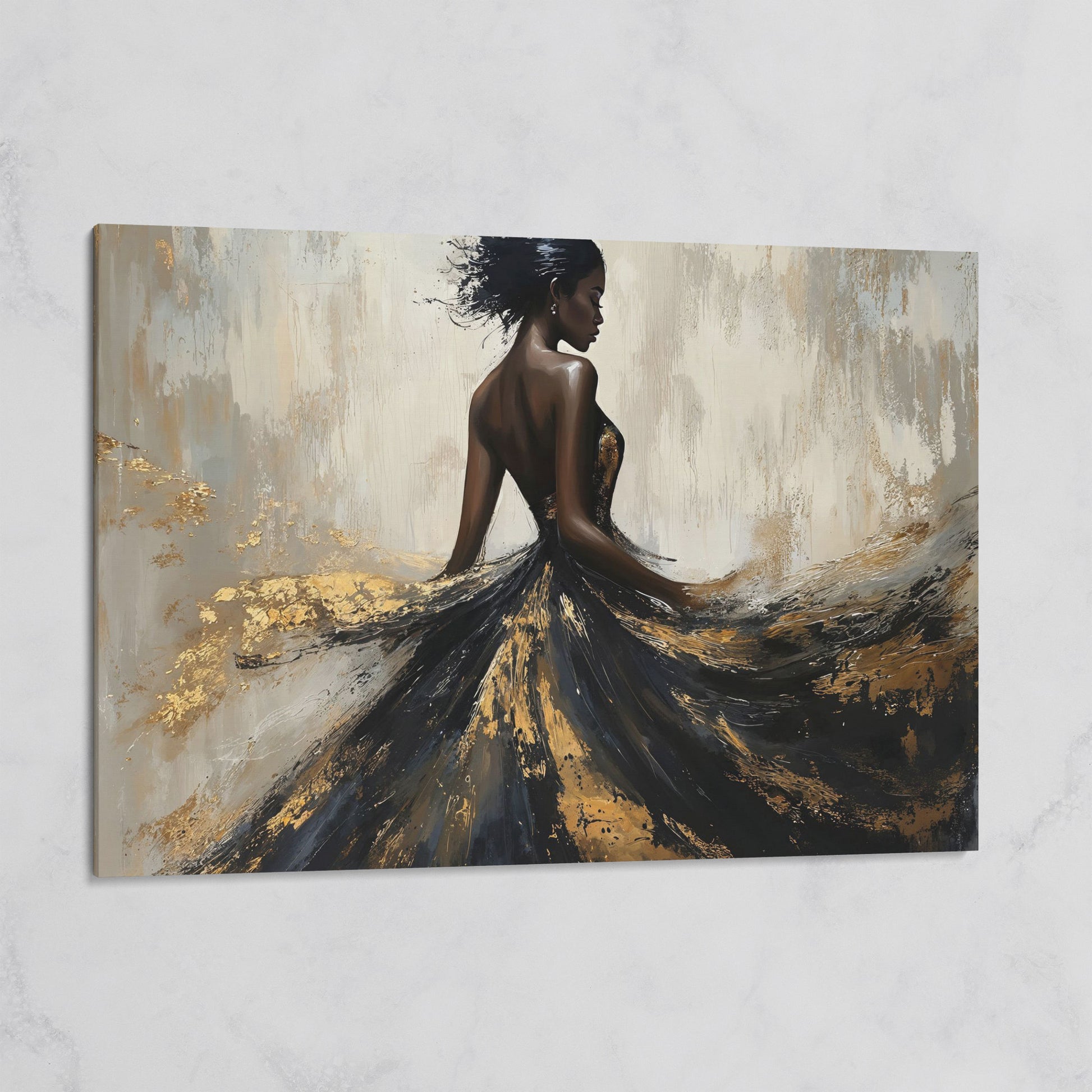 Woman in Flowing Dress Canvas Print, Back View in Black & Gold on gallery wrap