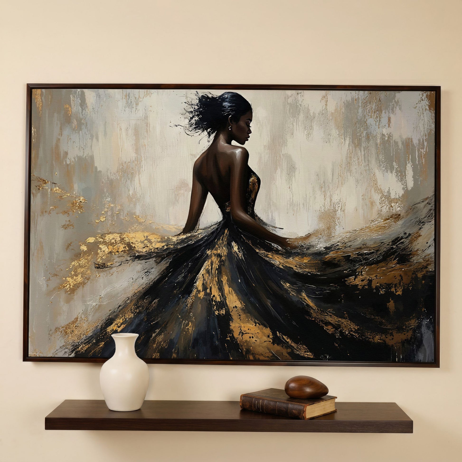 Woman in Flowing Dress Canvas Print, Back View in Black & Gold in dark walnut floating frame