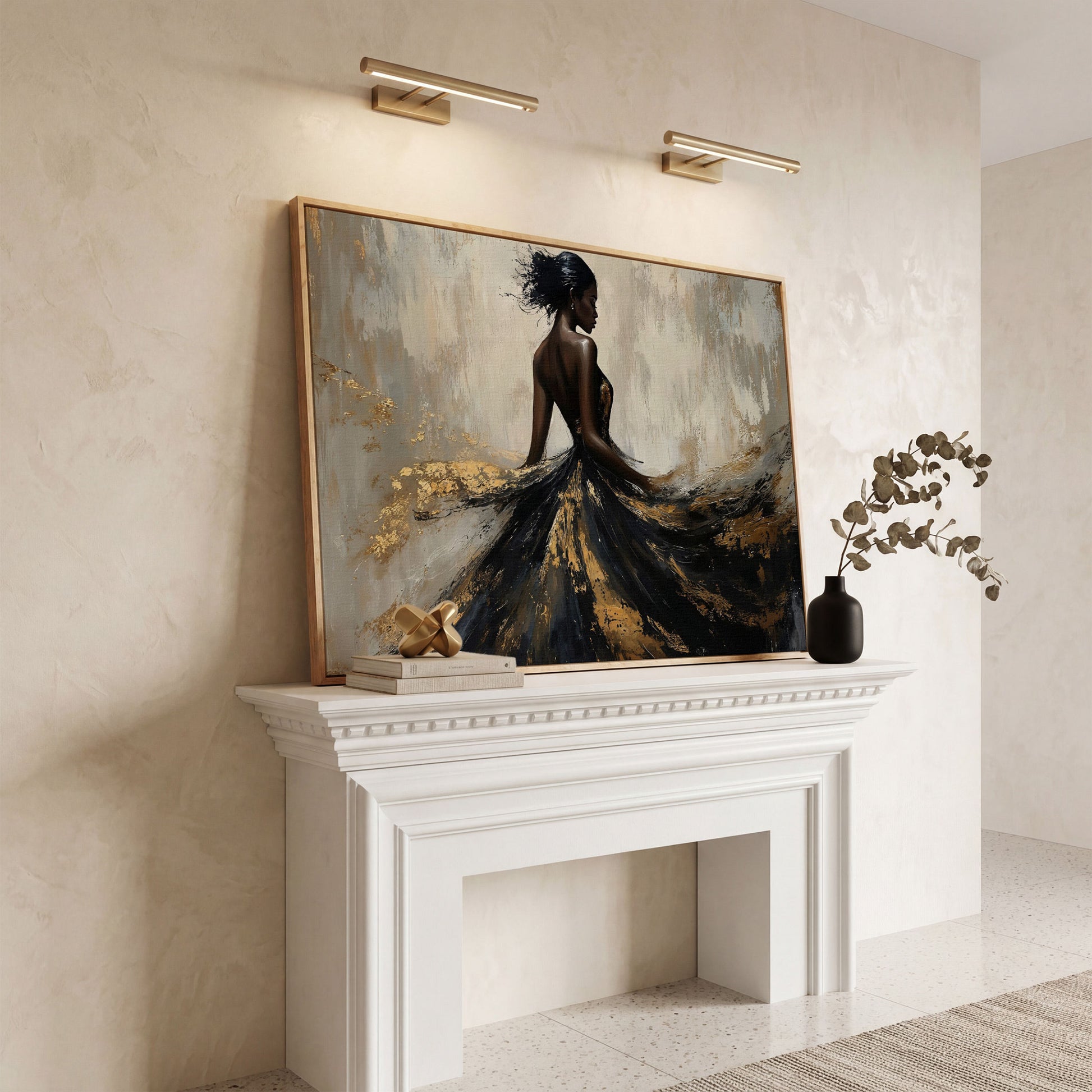 Woman in Flowing Dress Canvas Print, Back View in Black & Gold in white oak floating frame