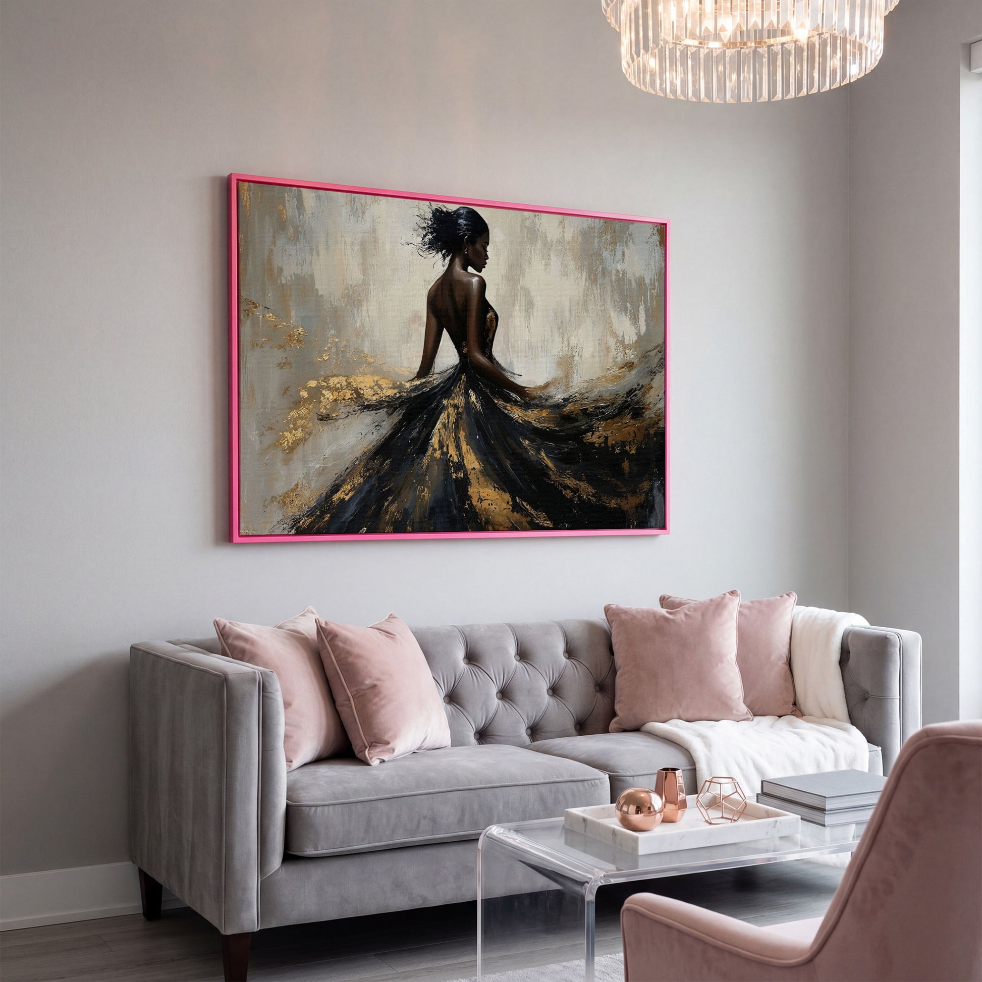 Woman in Flowing Dress Canvas Print, Back View in Black & Gold in pink floating frame