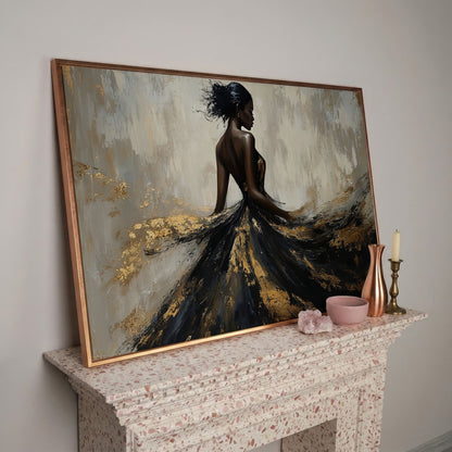 Woman in Flowing Dress Canvas Print, Back View in Black & Gold in rose gold floating frame