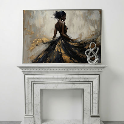 Woman in Flowing Dress Canvas Print, Back View in Black & Gold in silver floating frame