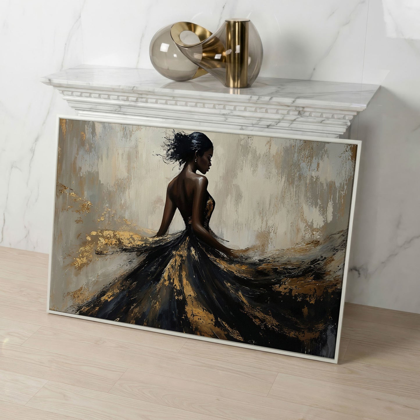 Woman in Flowing Dress Canvas Print, Back View in Black & Gold in white floating frame