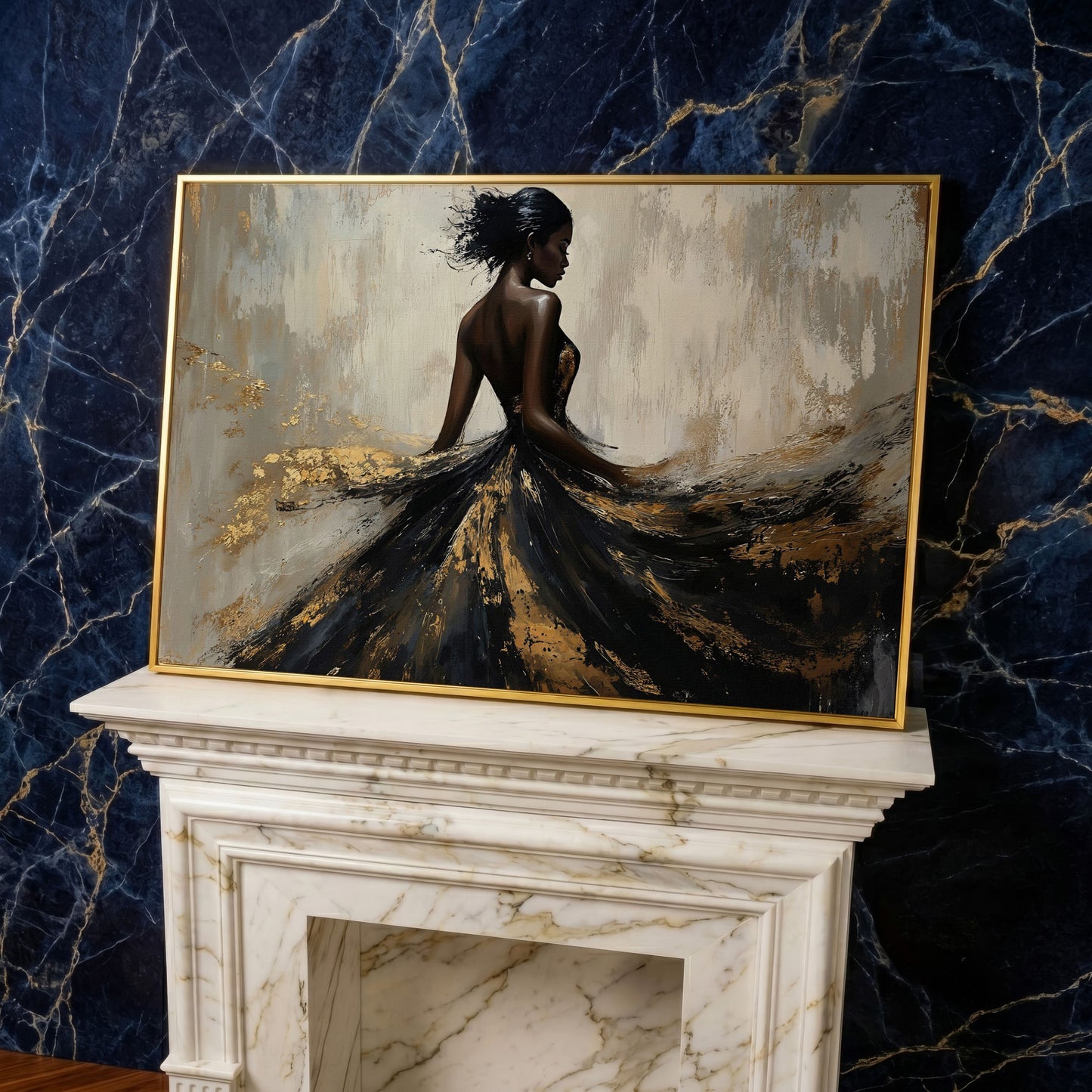 Woman in Flowing Dress Canvas Print, Back View in Black & Gold in yellow gold floating frame