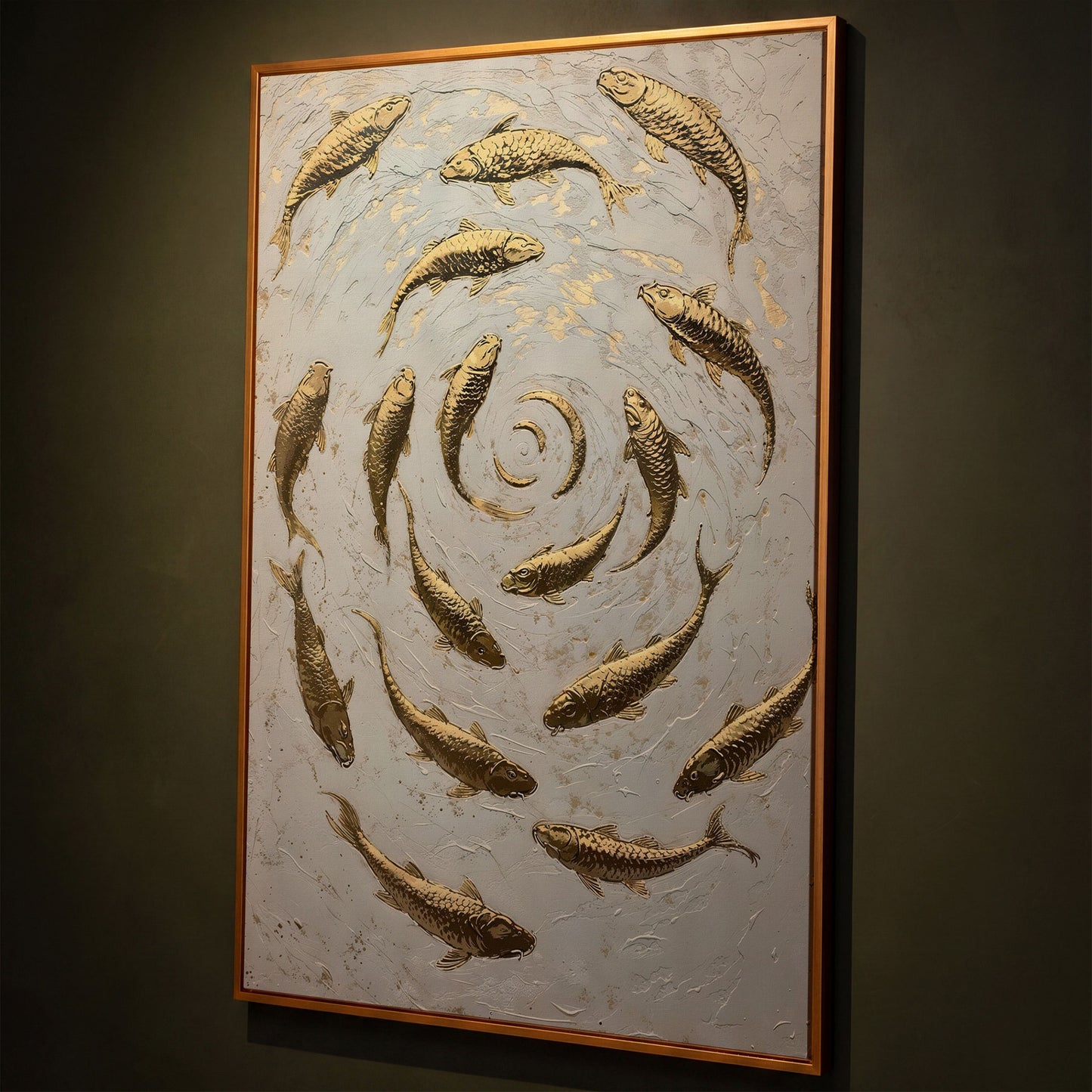 Swirl of Koi Fish Canvas Print shown in antique gold floating frame