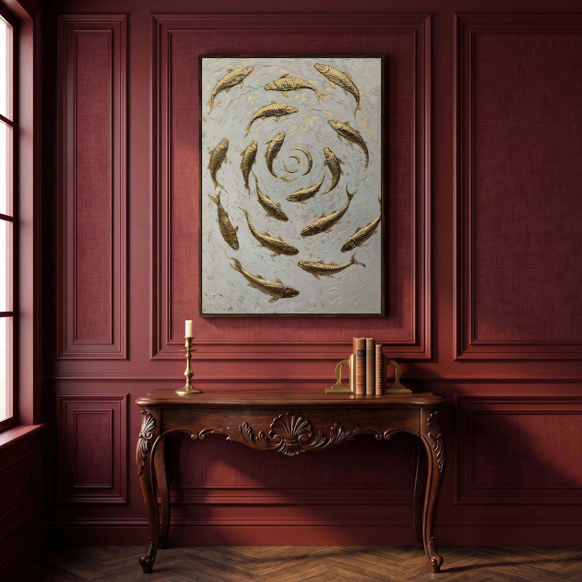 Swirl of Koi Fish Canvas Print in dark walnut floating frame
