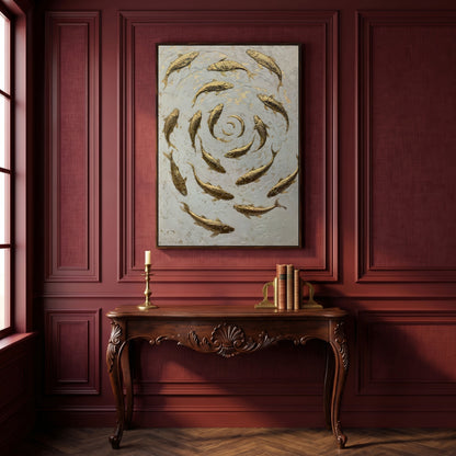 Swirl of Koi Fish Canvas Print in dark walnut floating frame