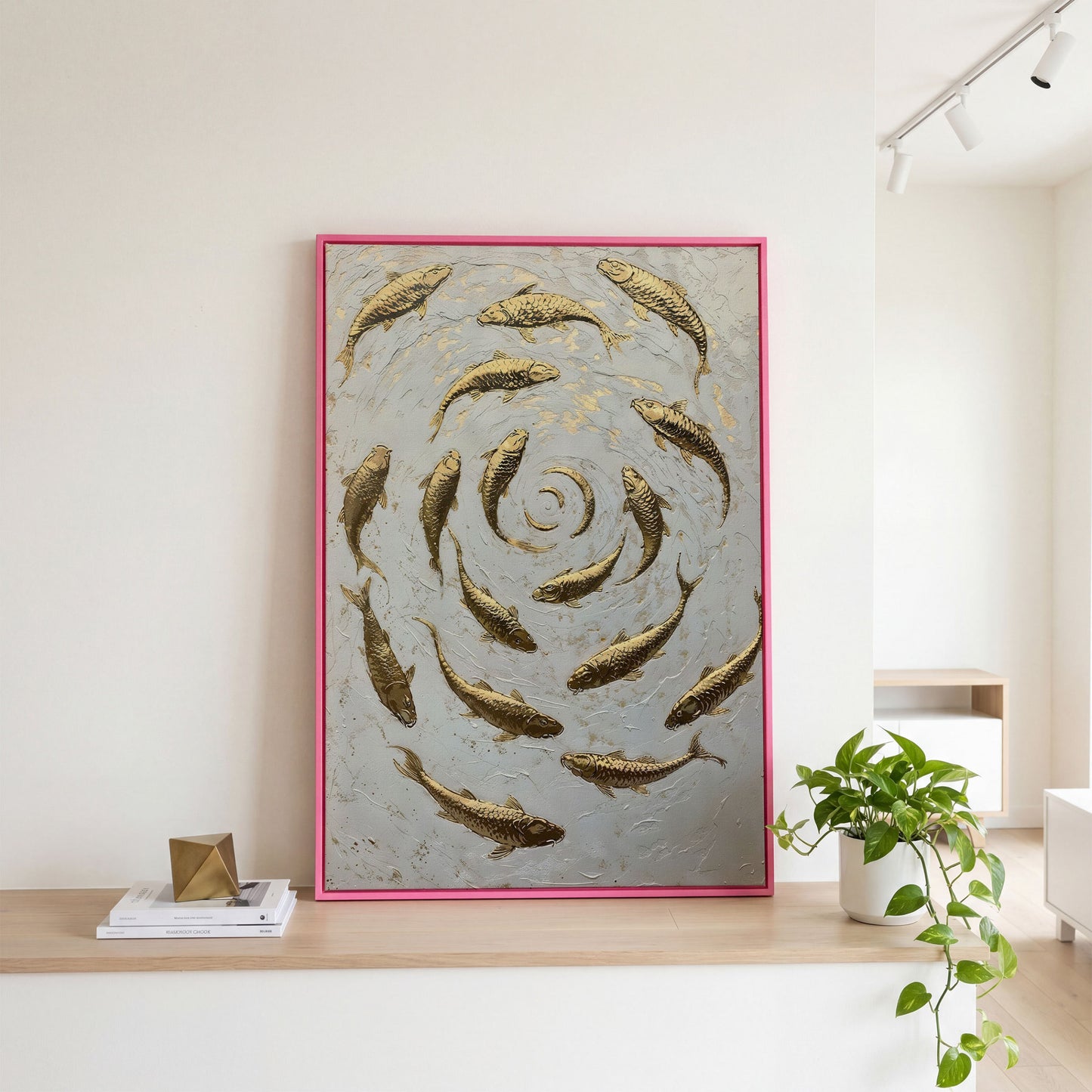 Swirl of Koi Fish Canvas Print in pink floating frame