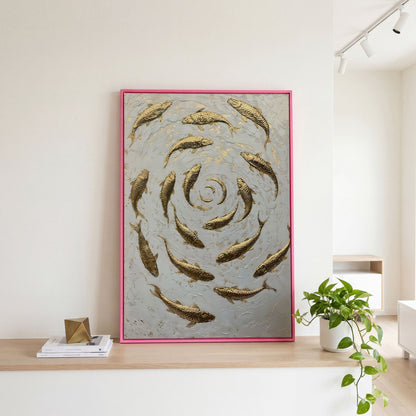 Swirl of Koi Fish Canvas Print in pink floating frame