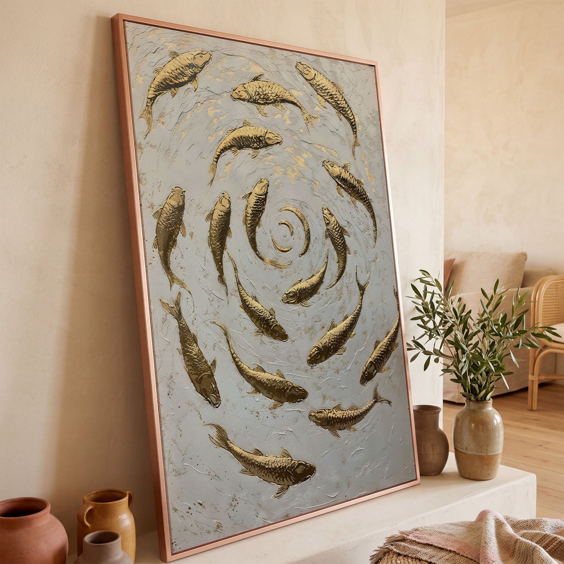 Swirl of Koi Fish Canvas Print in rose gold floating frame