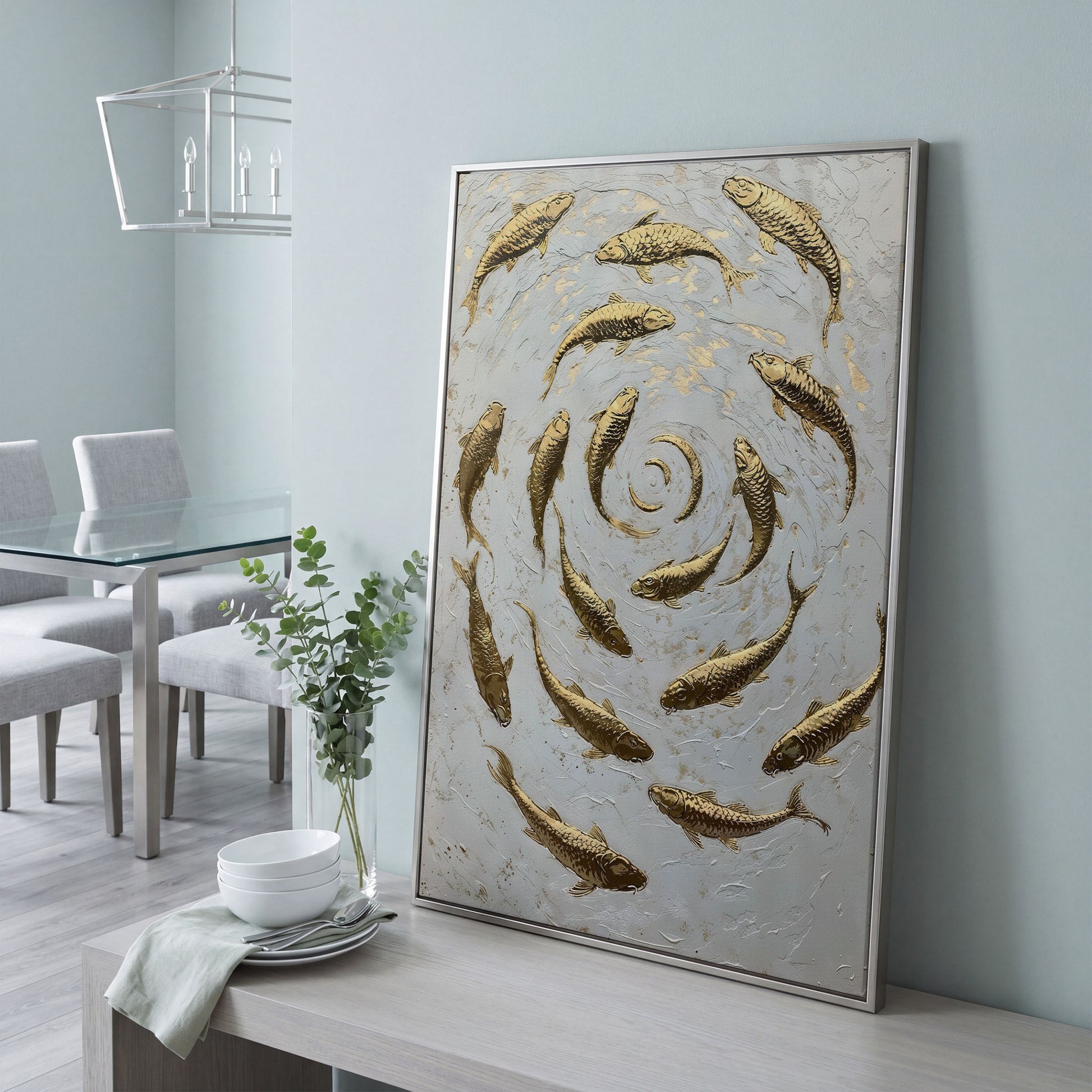 Swirl of Koi Fish Canvas Print in silver floating frame
