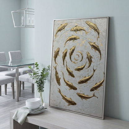 Swirl of Koi Fish Canvas Print in silver floating frame