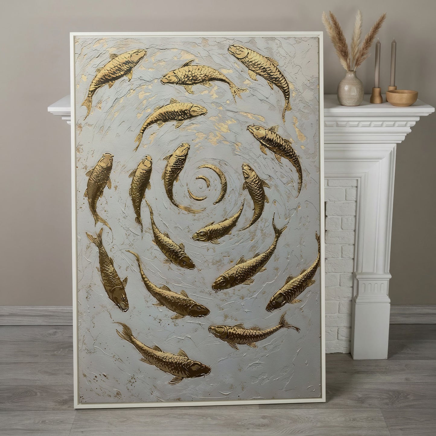 Swirl of Koi Fish Canvas Print in white floating frame
