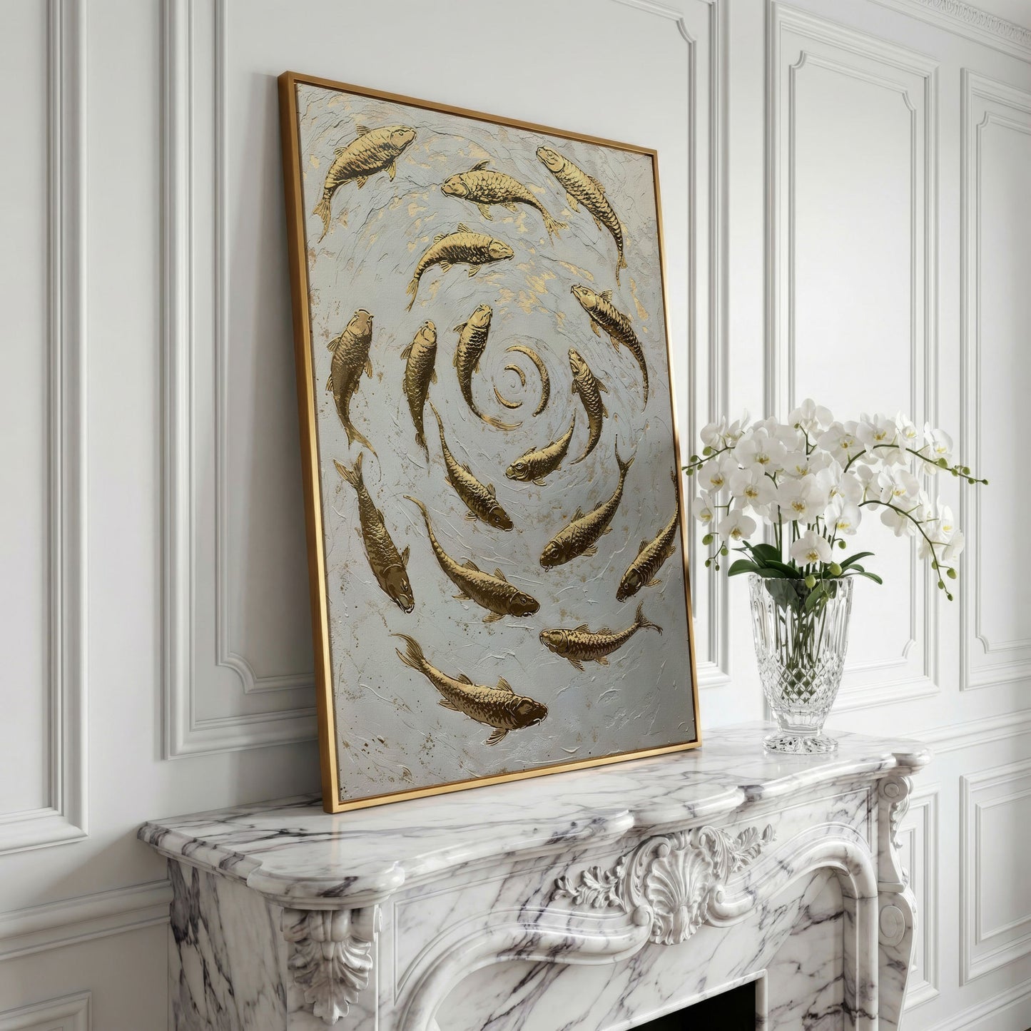 Swirl of Koi Fish Canvas Print in yellow gold floating frame