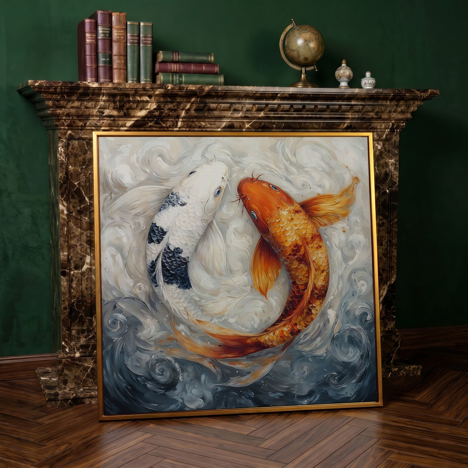 Colorful Koi Fish Abstract Canvas in antique gold floating frame