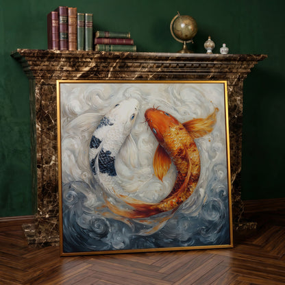 Colorful Koi Fish Abstract Canvas in antique gold floating frame