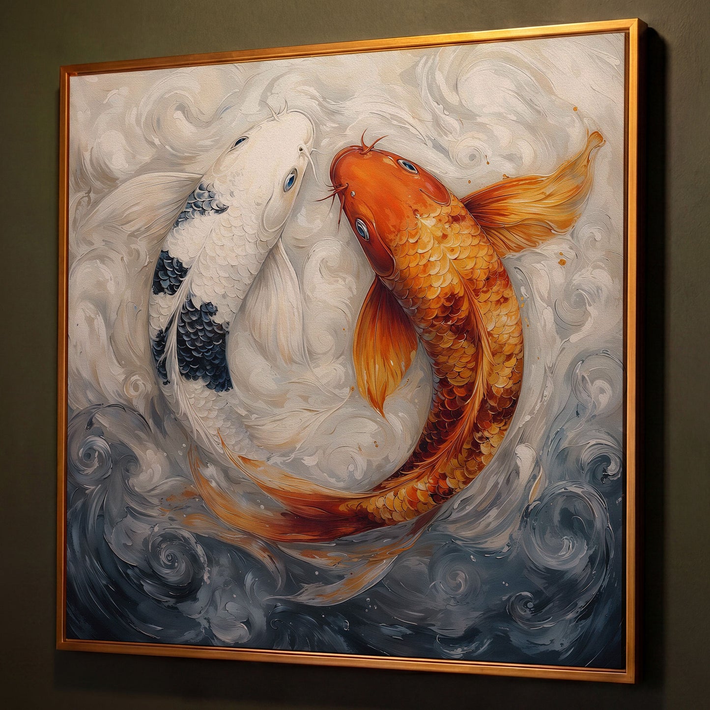 Colorful Koi Fish Abstract Canvas shown in antique gold floating frame