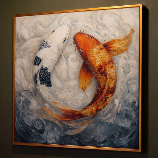 Colorful Koi Fish Abstract Canvas shown in antique gold floating frame