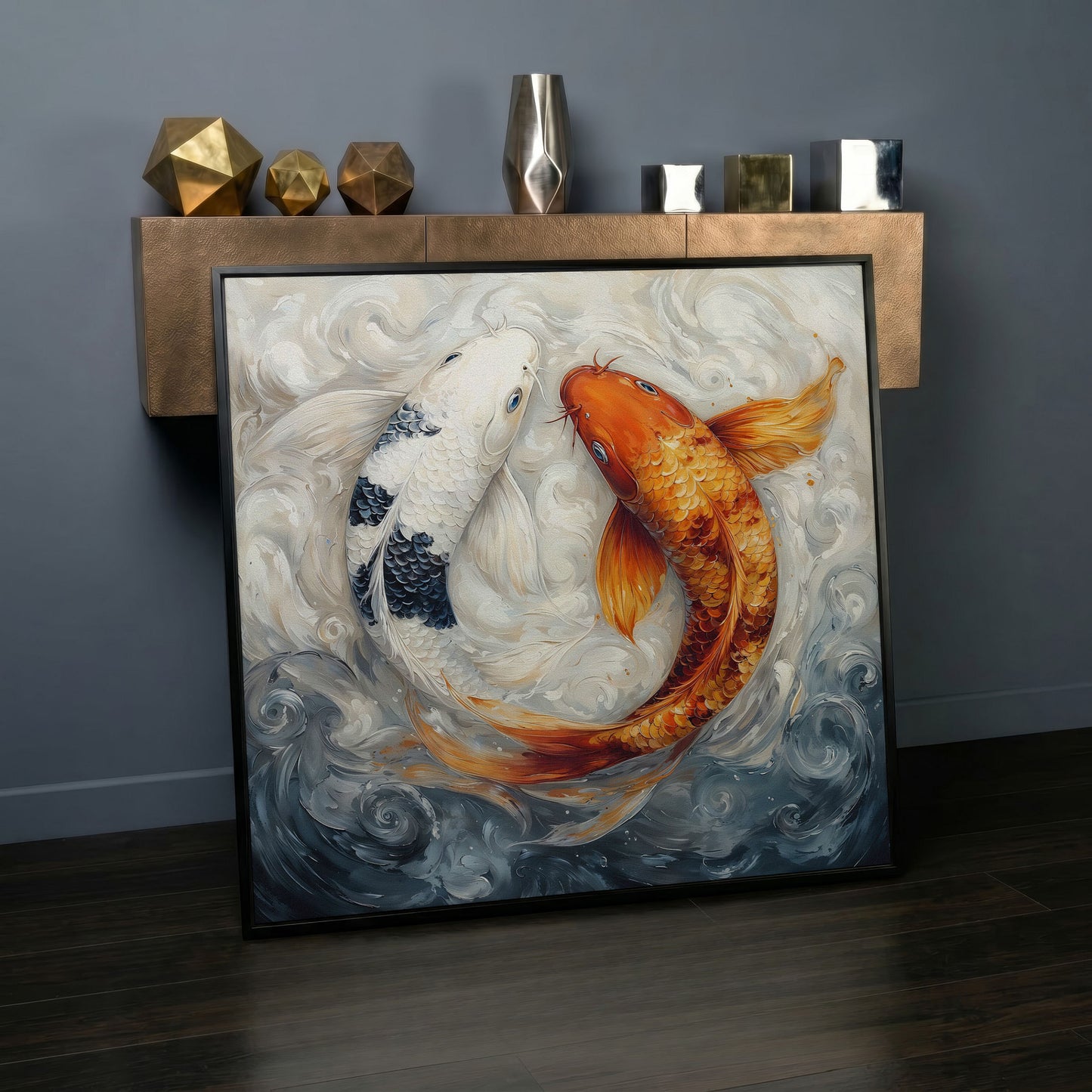 Colorful Koi Fish Abstract Canvas in black floating frame