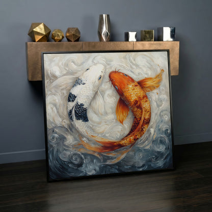 Colorful Koi Fish Abstract Canvas in black floating frame