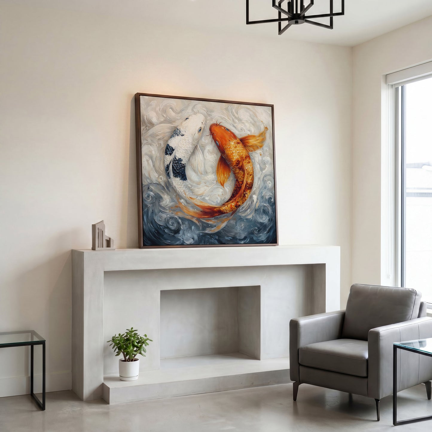 Colorful Koi Fish Abstract Canvas in dark walnut floating frame