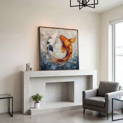 Colorful Koi Fish Abstract Canvas in dark walnut floating frame